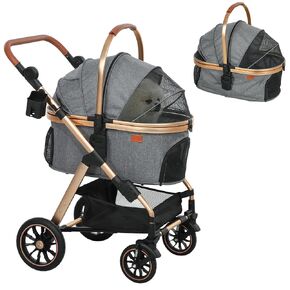 PawHut 3 in 1 Dog Stroller with Detachable Cabin, 4 Wheel Folding Lightweight Pet Stroller with Adjustable Canopy, Rubber Wheels, Storage Basket, Cupholder, for Small Dogs and Cats, Gray