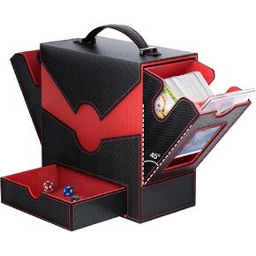 Mtg Deck Box with 45° One-Hand Quick Access - 3-IN-1 Card Deck Case Fits 200+ Double-Sleeved Cards, Portable Card Storage Box w/Commander Display, Compatible for TCG/CCG/Magic Cards, Red