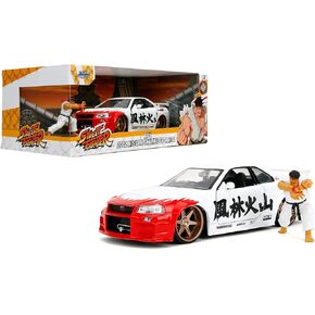 Jada Street Fighter 2002 Nissan Skyline GTR مع Ryu Figure-1:24 Scale Die-Cast ، الأبواب الافتتاحية ، الغطاء ، الجذع ، الإطارات المطاطية-قابلة للتحصيل للبالغين والأطفال-Capcom مرخصة