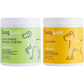 WagWell Ahiflower Omega Oil Dog Chews & Calming Chews Bundle - Skin, Coat, Hip and Joint Supplement for Dogs - Anxiety Relief