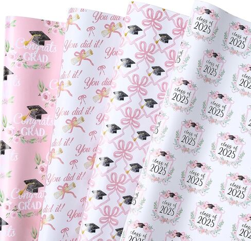 RUSPEPA Graduation Wrapping Paper Sheets for Girls, Elegant Pink Design with Class of 2025", "You Did It, Caps and Floral Bows Great for Graduation Celebrations, 12 Folded Sheets, 19.68 X 27.5 Inch in Kuwait