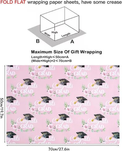 RUSPEPA Graduation Wrapping Paper Sheets for Girls, Elegant Pink Design with Class of 2025", "You Did It, Caps and Floral Bows Great for Graduation Celebrations, 12 Folded Sheets, 19.68 X 27.5 Inch in Kuwait