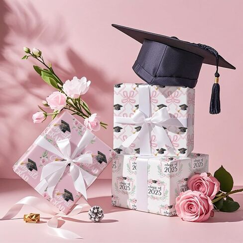 RUSPEPA Graduation Wrapping Paper Sheets for Girls, Elegant Pink Design with Class of 2025", "You Did It, Caps and Floral Bows Great for Graduation Celebrations, 12 Folded Sheets, 19.68 X 27.5 Inch in Kuwait