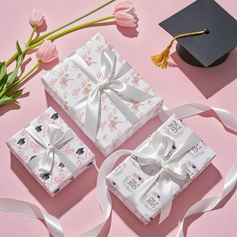 RUSPEPA Graduation Wrapping Paper Sheets for Girls, Elegant Pink Design with Class of 2025", "You Did It, Caps and Floral Bows Great for Graduation Celebrations, 12 Folded Sheets, 19.68 X 27.5 Inch in Kuwait