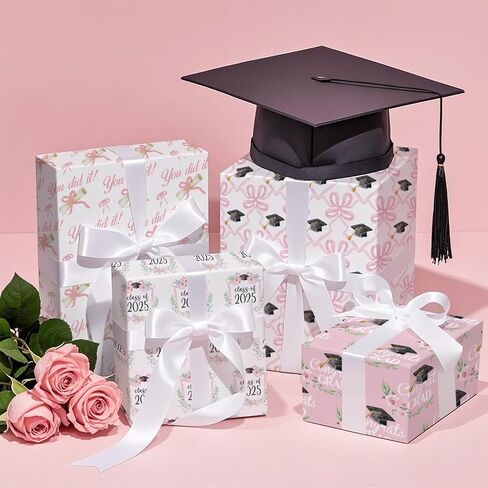 RUSPEPA Graduation Wrapping Paper Sheets for Girls, Elegant Pink Design with Class of 2025", "You Did It, Caps and Floral Bows Great for Graduation Celebrations, 12 Folded Sheets, 19.68 X 27.5 Inch in Kuwait