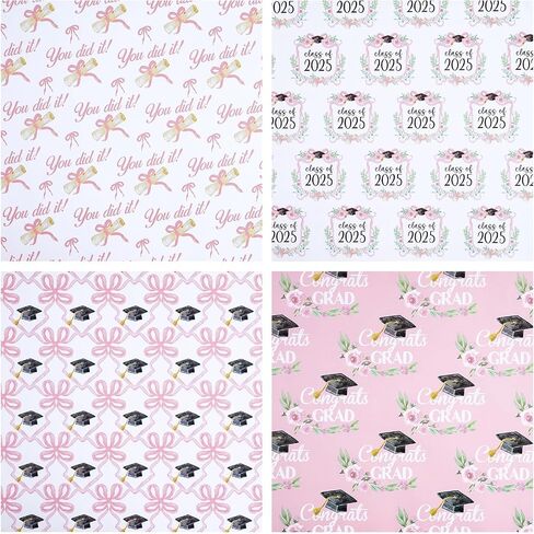 RUSPEPA Graduation Wrapping Paper Sheets for Girls, Elegant Pink Design with Class of 2025", "You Did It, Caps and Floral Bows Great for Graduation Celebrations, 12 Folded Sheets, 19.68 X 27.5 Inch in Kuwait