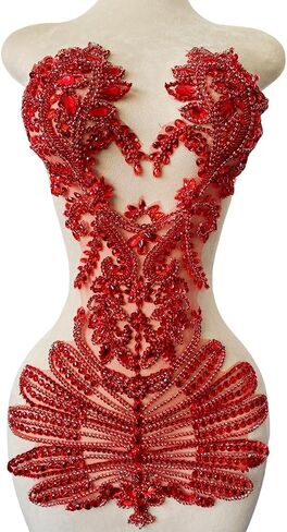 Pure Handmade Beads Rhinestones lace Applique Bodice Patches Trimming sew on Sequins Stones Beads Shining Heavy Decoration for Wedding Dress DIY Accessories 14.5X24.8inches (Red) in Kuwait