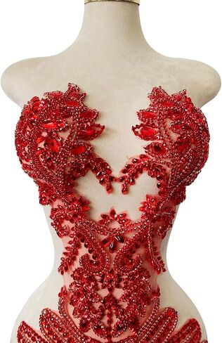 Pure Handmade Beads Rhinestones lace Applique Bodice Patches Trimming sew on Sequins Stones Beads Shining Heavy Decoration for Wedding Dress DIY Accessories 14.5X24.8inches (Red) in Kuwait