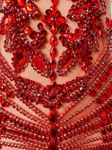 Pure Handmade Beads Rhinestones lace Applique Bodice Patches Trimming sew on Sequins Stones Beads Shining Heavy Decoration for Wedding Dress DIY Accessories 14.5X24.8inches (Red) in Kuwait