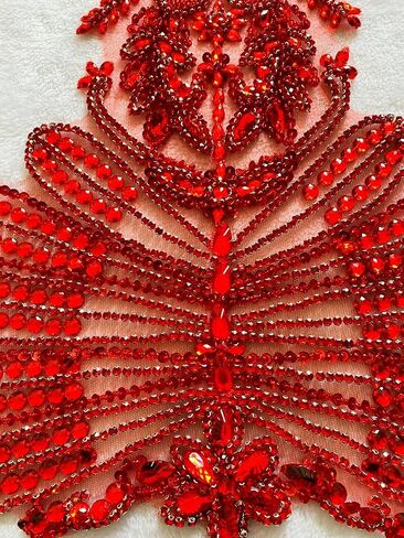 Pure Handmade Beads Rhinestones lace Applique Bodice Patches Trimming sew on Sequins Stones Beads Shining Heavy Decoration for Wedding Dress DIY Accessories 14.5X24.8inches (Red) in Kuwait
