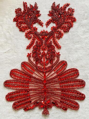 Pure Handmade Beads Rhinestones lace Applique Bodice Patches Trimming sew on Sequins Stones Beads Shining Heavy Decoration for Wedding Dress DIY Accessories 14.5X24.8inches (Red) in Kuwait