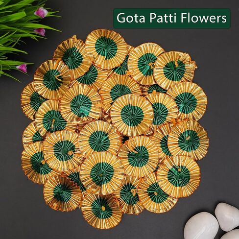 تطريز Gota Patti Flowers Patches للملابس ، بقع زين لأعمال التطريز ، زهور Gota للديكور ، الحرف اليدوية والزهور للتصميم (100 قطعة ، الذهب ، 4 سم) in Kuwait