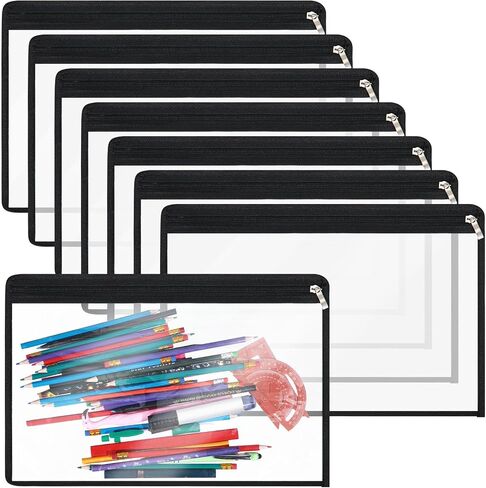 8 Pieces Clear Zipper Pouches Pencil Pouches PVC Makeup Pouch Envelopes Folder Storage Multi Purpose Pouch Document File Organization Bags, Office Supplies (Black Edging, 9.8 x 8 Inches) in Kuwait