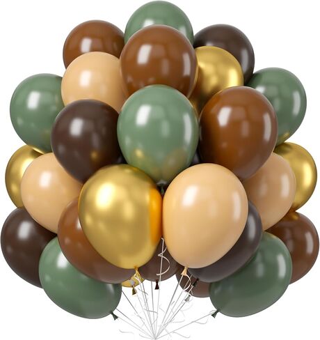 60 PCS Sage Green, Gold, Brown Latex Balloons - Woodland Camo Army Olive Green, Dark Brown, Coffee Nude Gold Party Balloons for Jungle Safari Woodland Hunting Birthday Decorations in Saudi Arabia