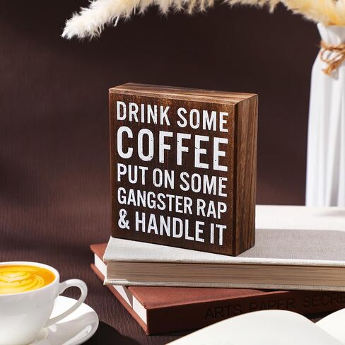 Drink Some Coffee Box Sign Wood Box Sign Funny Coffee Bar Signs Wood Farmhouse Coffee Wall and Tabletop Decoration for Home Housewarming Coffee Bar (Chic Color) in Saudi Arabia