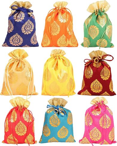 Touchstone Gorgeous Gift Wrapping bags reusable Large Drawstring Paisley Brocade for birthdays, wedding, return present packing set. pack of 6. 9x7 inches in Saudi Arabia