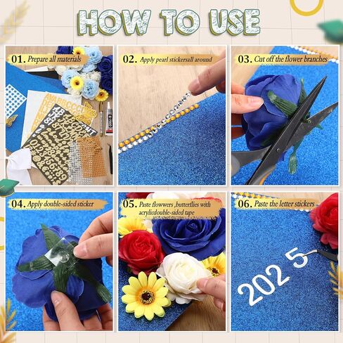 WinnerWhy 50Pcs DIY Mexican Flag Graduation Cap Decorations 2025 Handmade Mexico Grad Hat kit Included Faux Flower Heads Letter Number Rhinestones 3D Butterfly Stickers for Craft Graduation Cap Topper in Kuwait