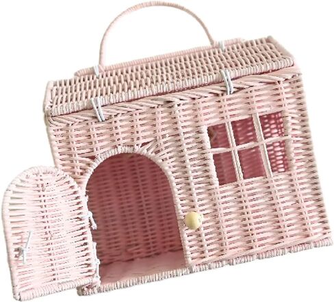 Rool Rattan House Shaped Basket Wicker Small Dollhouse Gift for Girls, Boho Toys, Mouse in a Box House, Little Girl Purse Clutch, Doll Carrier (Pink) in Saudi Arabia