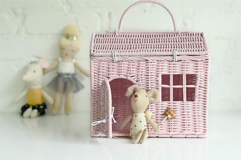 Rool Rattan House Shaped Basket Wicker Small Dollhouse Gift for Girls, Boho Toys, Mouse in a Box House, Little Girl Purse Clutch, Doll Carrier (Pink) in Saudi Arabia