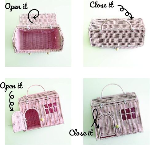 Rool Rattan House Shaped Basket Wicker Small Dollhouse Gift for Girls, Boho Toys, Mouse in a Box House, Little Girl Purse Clutch, Doll Carrier (Pink) in Saudi Arabia