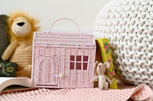 Rool Rattan House Shaped Basket Wicker Small Dollhouse Gift for Girls, Boho Toys, Mouse in a Box House, Little Girl Purse Clutch, Doll Carrier (Pink) in Saudi Arabia