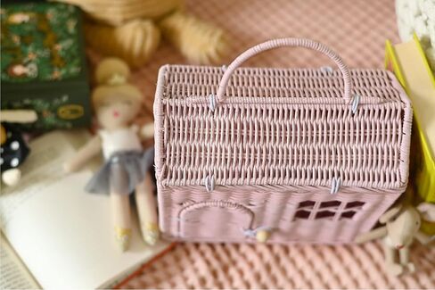 Rool Rattan House Shaped Basket Wicker Small Dollhouse Gift for Girls, Boho Toys, Mouse in a Box House, Little Girl Purse Clutch, Doll Carrier (Pink) in Saudi Arabia
