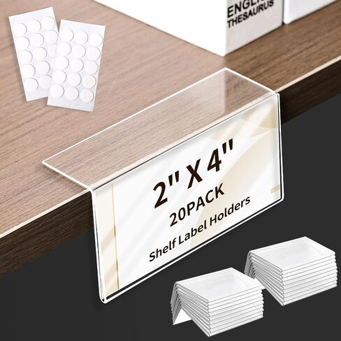 20 Pack Acrylic Rigid Shelf Label Holders for School Office Library Book Shelves Tags Shelf Labels with Sticky Dots, Transparent Tabletop Price Sign Stand for Store Bakeries (1.25x3 in) in Kuwait