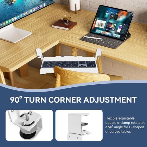 VUSIGN Keyboard Tray Under Desk Height Adjustable,Pull Out with Adjustable C Clamp Mount System for L-Shaped Tables, Extra Sturdy, 26.4" x 11.8" Slide-Out Platform Computer Drawer for Typing,White in Saudi Arabia