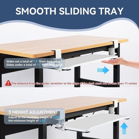VUSIGN Keyboard Tray Under Desk Height Adjustable,Pull Out with Adjustable C Clamp Mount System for L-Shaped Tables, Extra Sturdy, 26.4" x 11.8" Slide-Out Platform Computer Drawer for Typing,White in Saudi Arabia