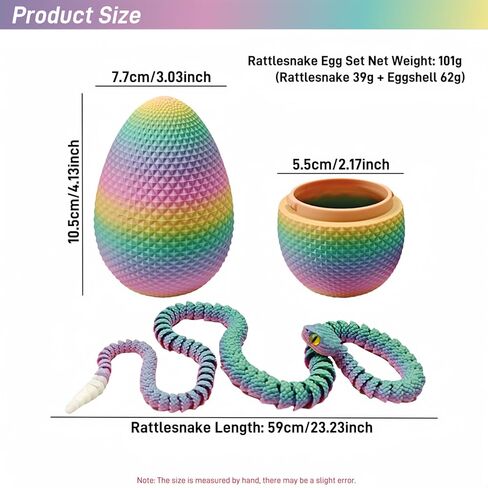 23" 3D Printed Snake with Egg - Flexible Snake with Luminous Tail, 3D Fidget Toys for Autism/ADHD, 3D Printed Animals Snake Toy for Kids & Adults (BlackRed) in Kuwait