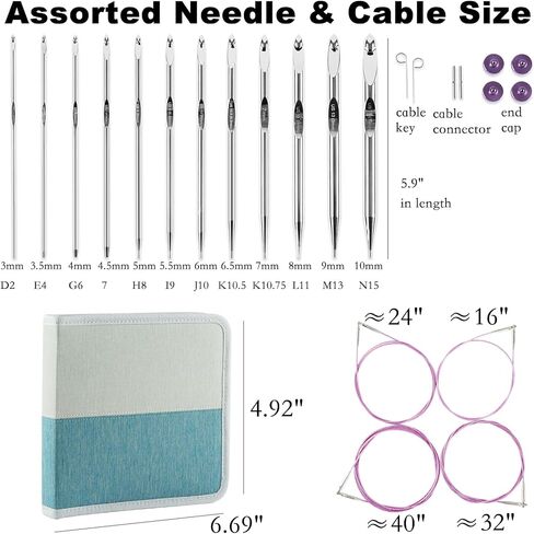 Svartur Tunisian Crochet Hooks Set with Cable, Afghan Crochet Hooks Interchangeable, Size from 3mm-10mm Aluminium Crochet Knitting Needles for Crocheting in Kuwait