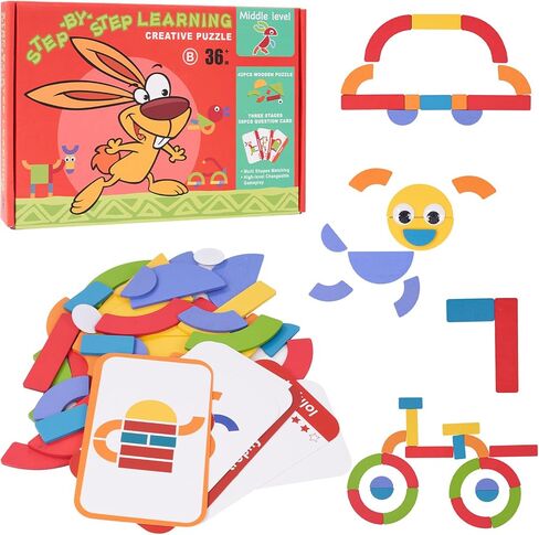 42 Blocks & 50 Cards Wooden Pattern Blocks Pattern Blocks Tangrams with Cards Tangram Puzzles Montessori Preschool Education Toy for Toddler Kids in Saudi Arabia