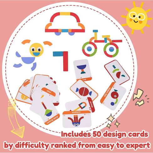 42 Blocks & 50 Cards Wooden Pattern Blocks Pattern Blocks Tangrams with Cards Tangram Puzzles Montessori Preschool Education Toy for Toddler Kids in Saudi Arabia