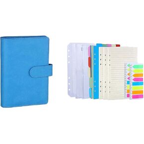 Antner A6 PU Leather Notebook Binder (Sky Blue) Bundle | 3 Pack A6 إعادة ملء ورقة ، 2 Pack 160pcs علامات صفحة النيون ، 10pcs مقاطع الموثق ، 3pcs الموثق جيوب