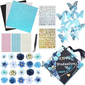 Graduation Cap Decorating Kit DIY Grad Cap Topper Crafts Glitter Cardstock Assorted Artificial Flowers Butterflies Rhinestones Alphabet Stickers Graduation Party Supplies (Blue)