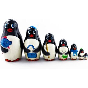 Matryoshka Russian Nesting Doll Babushka Penguins Family Penguins مجموعة 7 قطع PCS مطلية يدويًا هدية هدية يدويًا مصنوعة يدويًا.