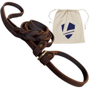 Premium Leather Dog Training Slip Leash, 1/2 Inch Wide, Heavy Duty Lead, Adjustable with Slider, Soft Braided, for Small to Large Dogs (Brown, 6 ft)