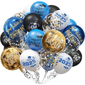 GuassLee Graduation Blue and Gold Balloons 2025 - Grad Latex Confetti Balloons with Congrats Grad Foil Balloons for Graduation Party Decorations Supplies, 60Pcs