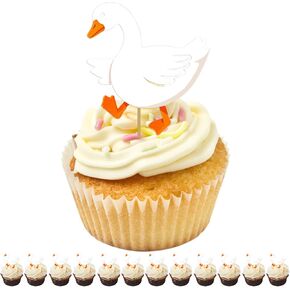 12Pcs Goose Party Cupcake Toppers Birthday Decorations, White Goose Theme Duck Decor Quality Cardboard for Kids Girls and Boys Birthdays Baby Shower Supplies