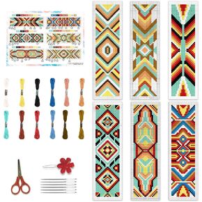 BEUNITONE Cross Stitch Bookmark Kits 6 Pcs Geometric Pattern DIY Bookmarks Cross Stitch Kits for Beginners Boho Floral Fabric Bookmark Kit Traditional Decorative Counted Cross Stitch Kit 8''x2.4''