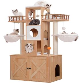 Heybly Cat Tree مع حاوية صندوق القمامة للقطط الداخلي الكبير ، برج القط للقطط الكبيرة 20 رطلاً ، أثاث الشقة القطرية الحديثة مع وظائف خدش ، رمادي Rustic HCT110SG