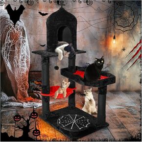 Gothic Cat Tree with Coffin Bed, 55" Goth Cat Tower with Spacious Cat Condo, Scratching Posts, Hanging Spider, Hammock, Halloween Spooky Black Cat Tree Multi-Level Activities Furniture for Large Cats