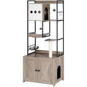 TREE HOOBRO Cat Tree مع حاوية صندوق القمامة ، 58.7 بوصة من برج القطط مع أثاث صندوق القمامة المخفي ، مع منشور الخدش ، خطوة ، أرجوحة ، أثاث الحيوانات الأليفة متعدد الوظائف مع الأوعية الغذائية ، Greige BG30MZ03