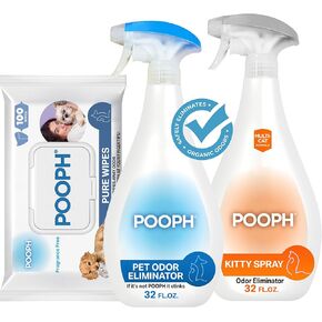 POOPH® PET BUNDLE - مناديل نقية (100CT) ، رذاذ KITTY RARKER & ODOR ELIMINATOR | لطيف ، تنظيف خالي من العطور للكلاب ، القطط ، المنزل ، السيارة ، الفراش والمزيد | آمن للحيوانات الأليفة ، والناس ، والكوكب