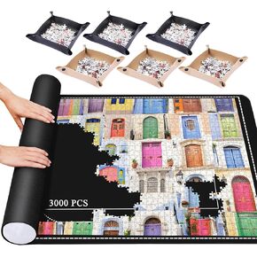Jigsaw Puzzle Mat Roll ، 49 "× 36" 3000 2000 1500 قطعة ، حصيرة ألغاز لفة حفظ وسادة مع 6 صواني فرز جلدية وحقيبة تخزين واحدة. ملحقات ملحقات حارس الإطار للبالغين