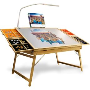 CLEAZY - Portable Wooden Puzzle Table with Foldable Legs and LED Lamp, 1500 Piece Capacity, 4 Drawers & Cover, 3 Adjustable Tilt Angles