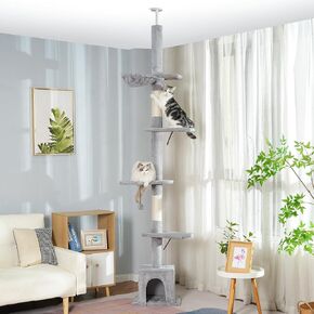 Floor to Ceiling Cat Tree Tall Cat Tower with Adjustable Height (81.8-108 Inches) with Fully Scratching Post Private Condo and Hammock for Indoor Cats (Green, Triple Dule Posts)