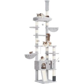 Hey-Brother Cat Tree ، 98.4-110.2 بوصة من الطابق إلى السقف ، ارتفاع الأشجار القابلة للتعديل ، برج تسلق القطط طويل القطط للقطط البالغة مع الخدش ، Cat Cando ، Smoky Gray 0mpj091g