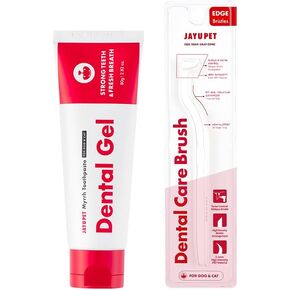 Jayu Pet Edge Bristles Tooth Tooth Kit - جل الأسنان 1ea + فرشاة العناية بالأسنان 1ea | تنظيف الأسنان وتنفس معطر ، وإزالة البلاك والتارتار ، ونظافة أسنان الحيوانات الأليفة ، وفرشاة أسنان سهلة