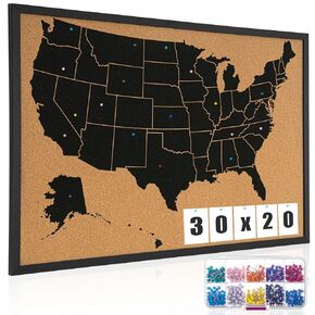 FullHawl Large US Push Pus Travel Map 30 "× 20" مع 500 دبابيس ملونة US Map Pin Cork Board Frame Black and Dins لتمييز الرحلات إلى ديكور المنزل والمكتب